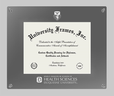 Duquesne University John G. Rangos, Sr. School of Health Sciences Lucent Clear-over-Smoke Frame in Lucent Smoke Moulding with Lucent Smoke Mat for document: 8 1/2"h x 11"w  
