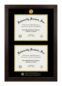 Duquesne University John G. Rangos, Sr. School of Health Sciences Double Diploma Frame in Manhattan Espresso with Black & Gold Mats for document: 8 1/2"h x 11"w  , document: 8 1/2"h x 11"w  