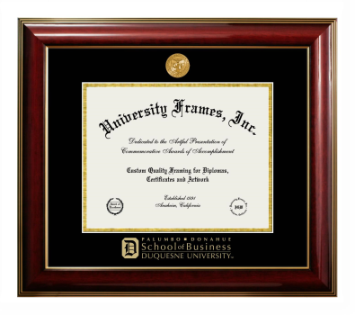 Duquesne University Palumbo Donahue School of Business Diploma Frame in Classic Mahogany with Gold Trim with Black & Gold Mats for document: 8 1/2"h x 11"w  