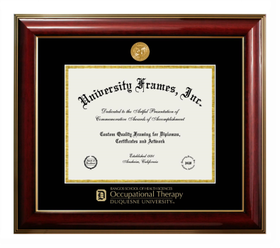 Duquesne University Rangos School of Health Sciences Occupational Therapy Diploma Frame in Classic Mahogany with Gold Trim with Black & Gold Mats for document: 8 1/2"h x 11"w  