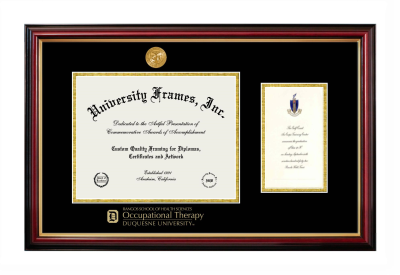 Duquesne University Rangos School of Health Sciences Occupational Therapy Diploma with Announcement Frame in Petite Mahogany with Gold Trim with Black & Gold Mats for document: 8 1/2"h x 11"w  , diploma: 7"h x 4"w  