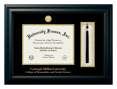 Carnegie Mellon University College of Humanities and Social Sciences Diploma with Tassel Box Frame in Satin Black with Black & Gold Mats for document: 8 1/2"h x 11"w  