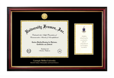 Carnegie Mellon University Dietrich College of Humanities and Social Sciences Diploma with Announcement Frame in Petite Mahogany with Gold Trim with Black & Gold Mats for document: 8 1/2"h x 11"w  , diploma: 7"h x 4"w  