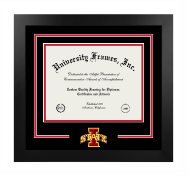 Iowa State University Logo Mat Frame in Manhattan Black with Black & Red Mats for document: 8 1/2"h x 11"w  