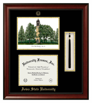Iowa State University Double Opening with Campus Image & Tassel Box (Stacked) Frame in Avalon Mahogany with Black & Gold Mats for document: 8 1/2"h x 11"w  