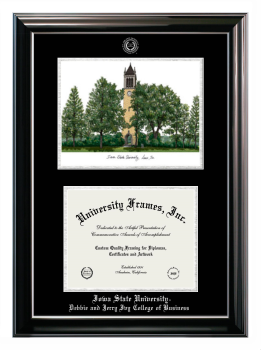Iowa State University Debbie and Jerry Ivy College of Business Double Opening with Campus Image (Stacked) Frame in Classic Ebony with Silver Trim with Black & Silver Mats for document: 8 1/2"h x 11"w  