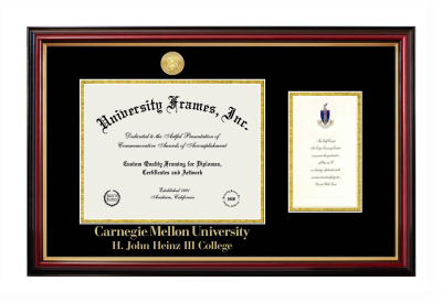 Carnegie Mellon University H. John Heinz III College Diploma with Announcement Frame in Petite Mahogany with Gold Trim with Black & Gold Mats for document: 8 1/2"h x 11"w  , diploma: 7"h x 4"w  