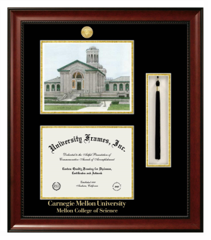 Carnegie Mellon University Mellon College of Science Double Opening with Campus Image & Tassel Box (Stacked) Frame in Avalon Mahogany with Black & Gold Mats for document: 8 1/2"h x 11"w  