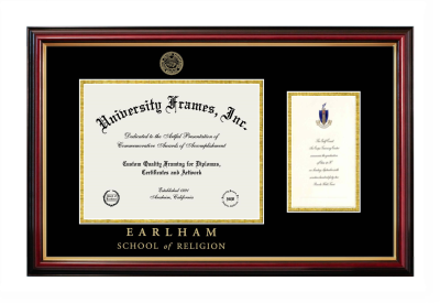 Earlham School of Religion Diploma with Announcement Frame in Petite Mahogany with Gold Trim with Black & Gold Mats for document: 8 1/2"h x 11"w  , diploma: 7"h x 4"w  