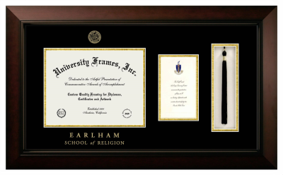 Earlham School of Religion Diploma with Announcement & Tassel Box Frame in Legacy Black Cherry with Black & Gold Mats for document: 8 1/2"h x 11"w  , diploma: 7"h x 4"w  