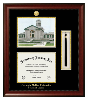 Carnegie Mellon University School of Drama Double Opening with Campus Image & Tassel Box (Stacked) Frame in Avalon Mahogany with Black & Gold Mats for document: 8 1/2"h x 11"w  