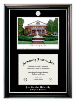 East Carolina University College of Business Double Opening with Campus Image (Stacked) Frame in Classic Ebony with Silver Trim with Black & Silver Mats for document: 8 1/2"h x 11"w  