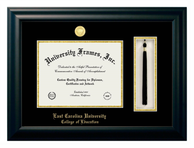 East Carolina University College of Education Diploma with Tassel Box Frame in Satin Black with Black & Gold Mats for document: 8 1/2"h x 11"w  