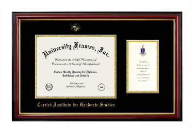 Carrick Institute for Graduate Studies Diploma with Announcement Frame in Petite Mahogany with Gold Trim with Black & Gold Mats for document: 8 1/2"h x 11"w  , diploma: 7"h x 4"w  