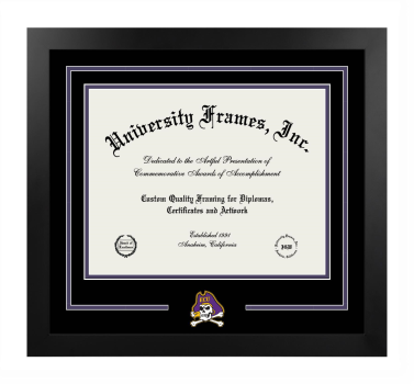 East Carolina University College of Engineering and Technology Logo Mat Frame in Manhattan Black with Black & Purple Mats for document: 11"h x 14"w  