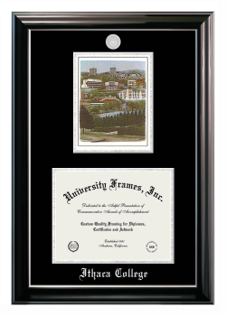 Ithaca College Double Opening with Campus Image (Stacked) Frame in Classic Ebony with Silver Trim with Black & Silver Mats for document: 8 1/2"h x 11"w  
