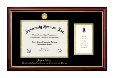 Ithaca College Division of Interdisciplinary and International Studies Diploma with Announcement Frame in Petite Mahogany with Gold Trim with Black & Gold Mats for document: 8 1/2"h x 11"w  , diploma: 7"h x 4"w  