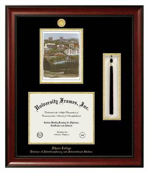 Ithaca College Division of Interdisciplinary and International Studies Double Opening with Campus Image & Tassel Box (Stacked) Frame in Avalon Mahogany with Black & Gold Mats for document: 8 1/2"h x 11"w  