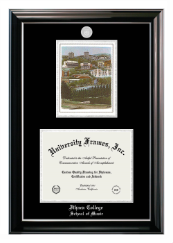 Ithaca College School of Music Double Opening with Campus Image (Stacked) Frame in Classic Ebony with Silver Trim with Black & Silver Mats for document: 8 1/2"h x 11"w  