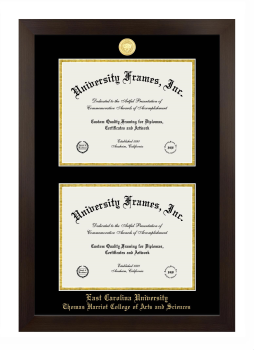 East Carolina University Thomas Harriot College of Arts and Sciences Double Diploma Frame in Manhattan Espresso with Black & Gold Mats for document: 8 1/2"h x 11"w  , document: 8 1/2"h x 11"w  