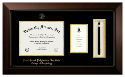 East Coast Polytechnic Institute College of Technology Diploma with Announcement & Tassel Box Frame in Legacy Black Cherry with Black & Gold Mats for document: 8 1/2"h x 11"w  , diploma: 7"h x 4"w  