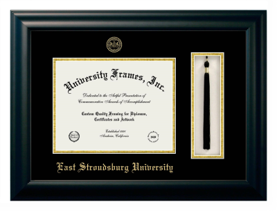 East Stroudsburg University Diploma with Tassel Box Frame in Satin Black with Black & Gold Mats for document: 8 1/2"h x 11"w  