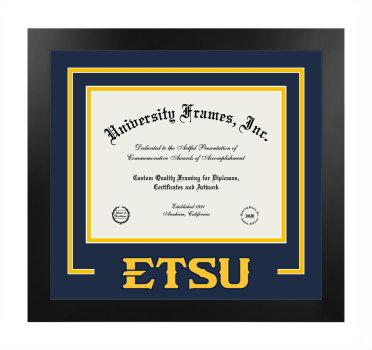 East Tennessee State University Logo Mat Frame in Manhattan Black with Navy Blue & Amber Mats for document: 8 1/2"h x 11"w  
