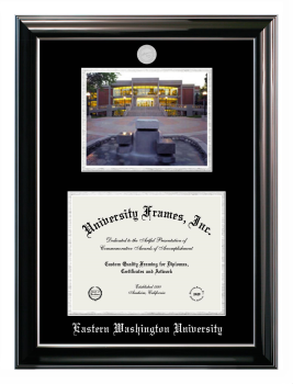 Eastern Washington University Double Opening with Campus Image (Stacked) Frame in Classic Ebony with Silver Trim with Black & Silver Mats for document: 8 1/2"h x 11"w  