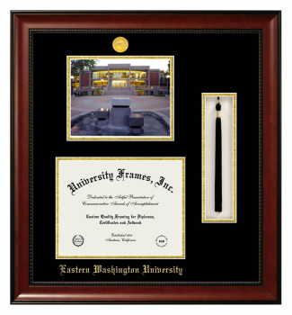 Eastern Washington University Double Opening with Campus Image & Tassel Box (Stacked) Frame in Avalon Mahogany with Black & Gold Mats for document: 8 1/2"h x 11"w  