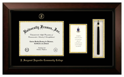 J. Sargeant Reynolds Community College Diploma with Announcement & Tassel Box Frame in Legacy Black Cherry with Black & Gold Mats for document: 8 1/2"h x 11"w  , diploma: 7"h x 4"w  