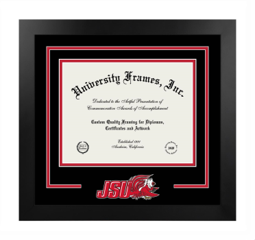 Jacksonville State University Logo Mat Frame in Manhattan Black with Black & Red Mats for document: 8 1/2"h x 11"w  