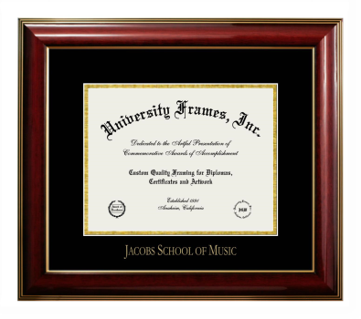 Jacobs School of Music Diploma Frame in Classic Mahogany with Gold Trim with Black & Gold Mats for document: 8 1/2"h x 11"w  