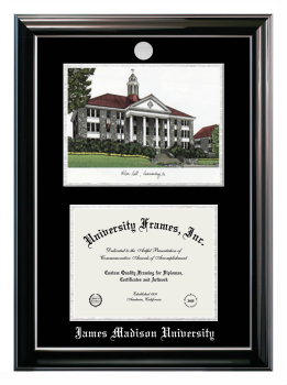 James Madison University Double Opening with Campus Image (Stacked) Frame in Classic Ebony with Silver Trim with Black & Silver Mats for document: 8 1/2"h x 11"w  