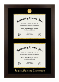 James Madison University Double Diploma Frame in Manhattan Espresso with Black & Gold Mats for document: 8 1/2"h x 11"w  , document: 8 1/2"h x 11"w  