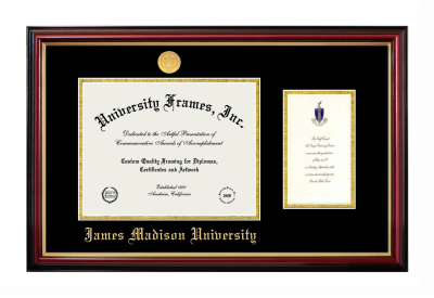 James Madison University Diploma with Announcement Frame in Petite Mahogany with Gold Trim with Black & Gold Mats for document: 8 1/2"h x 11"w  , diploma: 7"h x 4"w  