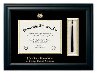 Educational Commission for Foreign Medical Graduates Diploma with Tassel Box Frame in Satin Black with Black & Gold Mats for document: 8 1/2"h x 11"w  