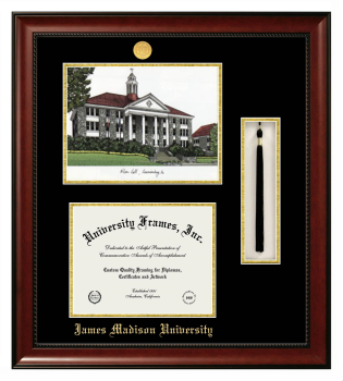James Madison University Double Opening with Campus Image & Tassel Box (Stacked) Frame in Avalon Mahogany with Black & Gold Mats for document: 8 1/2"h x 11"w  