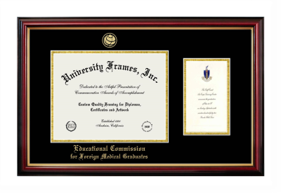 Educational Commission for Foreign Medical Graduates Diploma with Announcement Frame in Petite Mahogany with Gold Trim with Black & Gold Mats for document: 8 1/2"h x 11"w  , diploma: 7"h x 4"w  