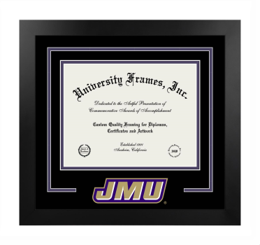James Madison University College of Arts and Letters Logo Mat Frame in Manhattan Black with Black & Purple Mats for document: 8 1/2"h x 11"w  