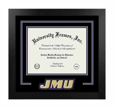 James Madison University College of Education Logo Mat Frame in Manhattan Black with Black & Purple Mats for document: 8 1/2"h x 11"w  