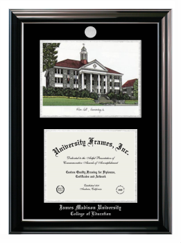 James Madison University College of Education Double Opening with Campus Image (Stacked) Frame in Classic Ebony with Silver Trim with Black & Silver Mats for document: 8 1/2"h x 11"w  