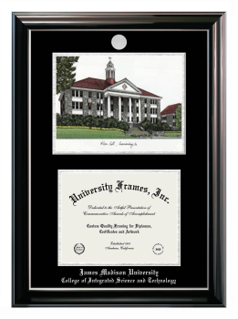 James Madison University College of Integrated Science and Technology Double Opening with Campus Image (Stacked) Frame in Classic Ebony with Silver Trim with Black & Silver Mats for document: 8 1/2"h x 11"w  