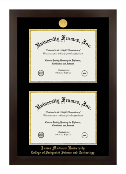 James Madison University College of Integrated Science and Technology Double Diploma Frame in Manhattan Espresso with Black & Gold Mats for document: 8 1/2"h x 11"w  , document: 8 1/2"h x 11"w  