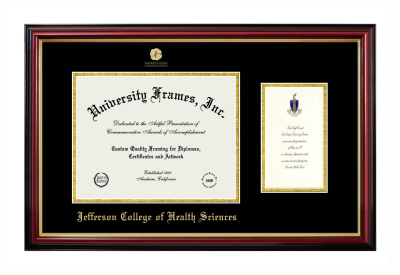 Jefferson College of Health Sciences Diploma with Announcement Frame in Petite Mahogany with Gold Trim with Black & Gold Mats for document: 8 1/2"h x 11"w  , diploma: 7"h x 4"w  