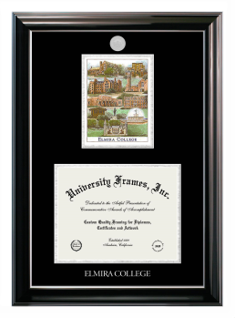 Elmira College Double Opening with Campus Image (Stacked) Frame in Classic Ebony with Silver Trim with Black & Silver Mats for document: 8 1/2"h x 11"w  