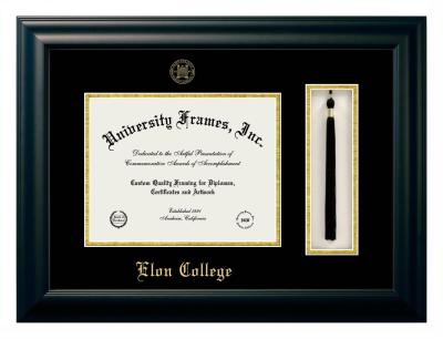 Elon College Diploma with Tassel Box Frame in Satin Black with Black & Gold Mats for document: 8 1/2"h x 11"w  