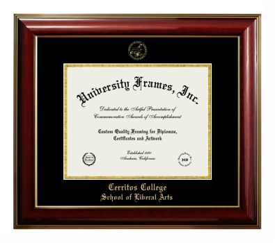 Cerritos College School of Liberal Arts Diploma Frame in Classic Mahogany with Gold Trim with Black & Gold Mats for document: 8 1/2"h x 11"w  