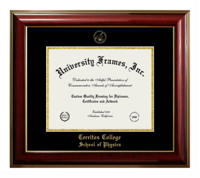 Cerritos College School of Physics Diploma Frame in Classic Mahogany with Gold Trim with Black & Gold Mats for document: 8 1/2"h x 11"w  