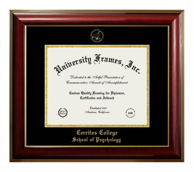 Cerritos College School of Psychology Diploma Frame in Classic Mahogany with Gold Trim with Black & Gold Mats for document: 8 1/2"h x 11"w  