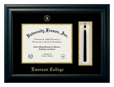 Emerson College Diploma with Tassel Box Frame in Satin Black with Black & Gold Mats for document: 8 1/2"h x 11"w  